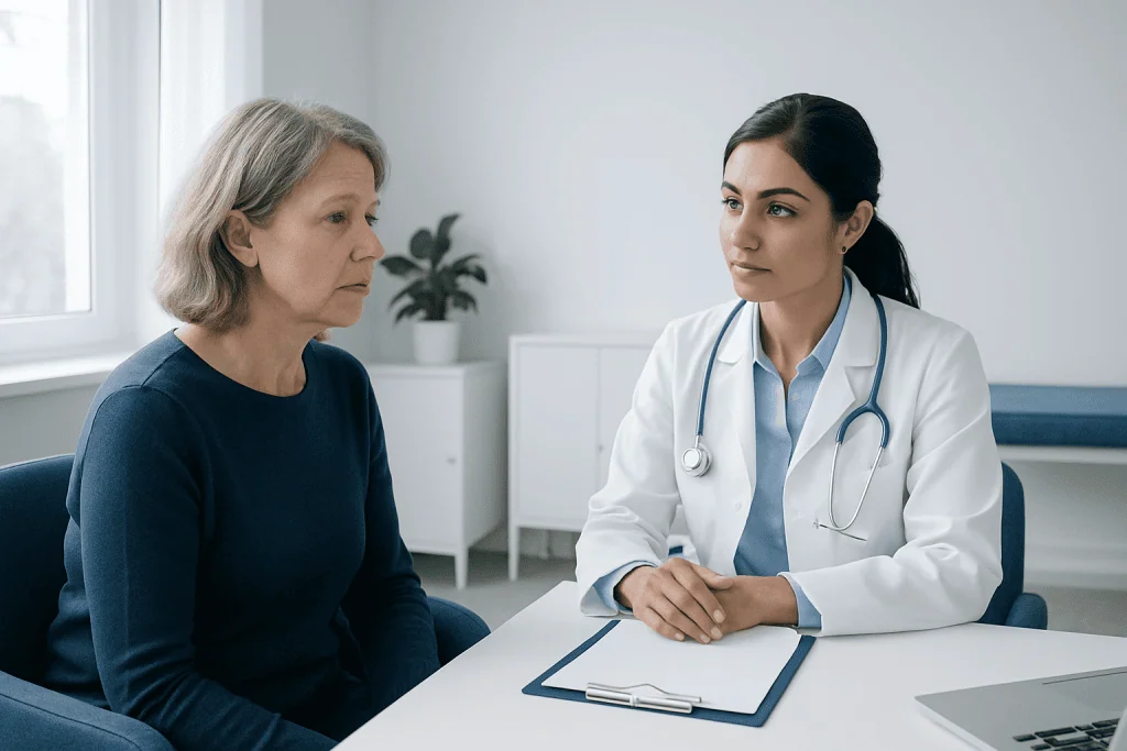 Doctor consulting with an elderly female patient in a medical office.