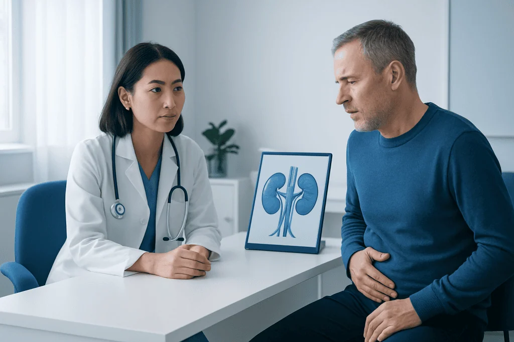 Doctor consulting with male patient about kidney health in clinic.