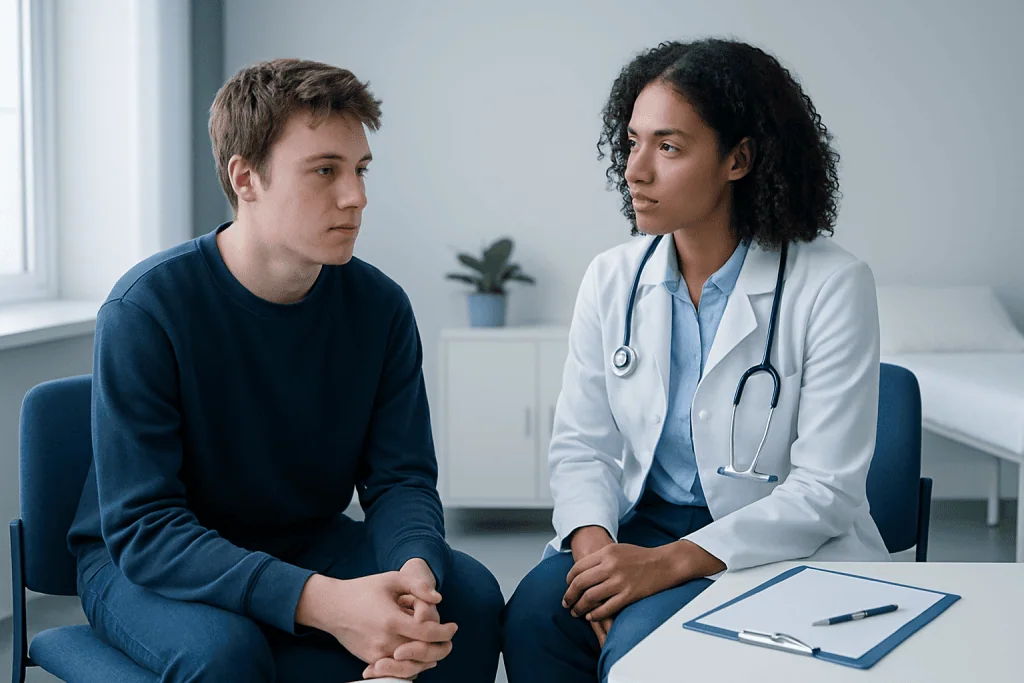 Doctor consulting with a young male patient in a medical office.
