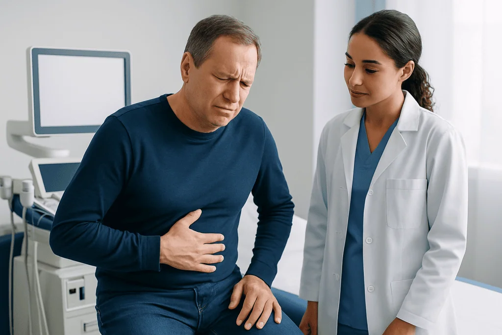 Patient experiencing abdominal pain during medical consultation at Acibadem Hospital.