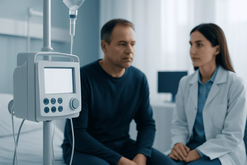 Doctor consulting patient in hospital room with medical equipment.