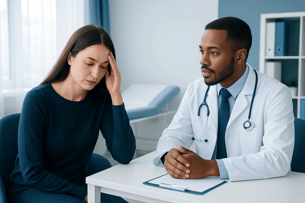 Doctor consulting with a woman patient experiencing headache or stress.