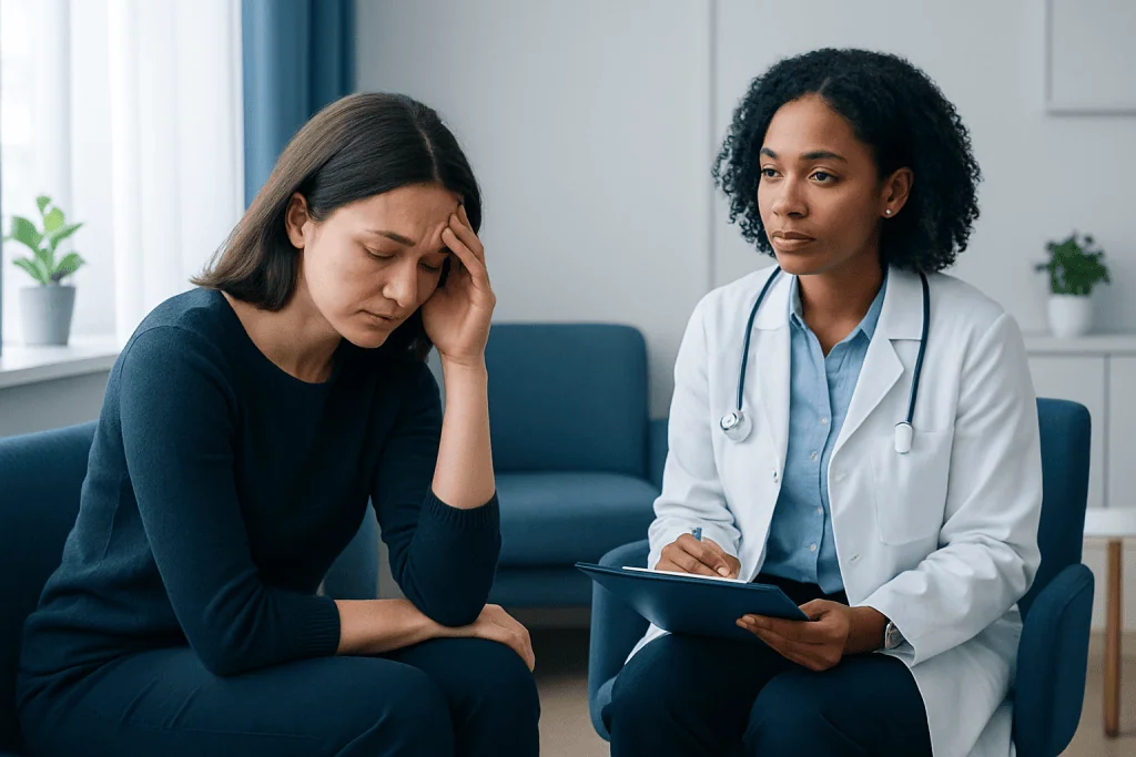 Woman distressed during therapy session with doctor in a medical office.