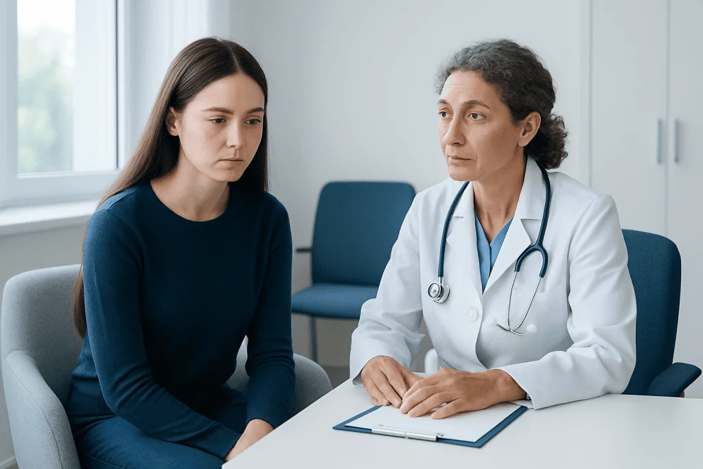 Doctor consulting with a young woman in a medical office setting.