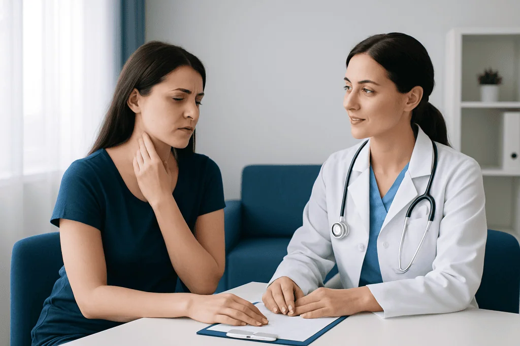 Doctor consulting with a young woman in a medical office at Acibadem Hospitals Group.