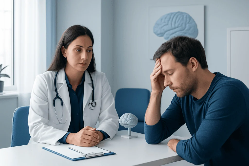 Doctor consulting with a patient about neurological symptoms in a clinic setting.