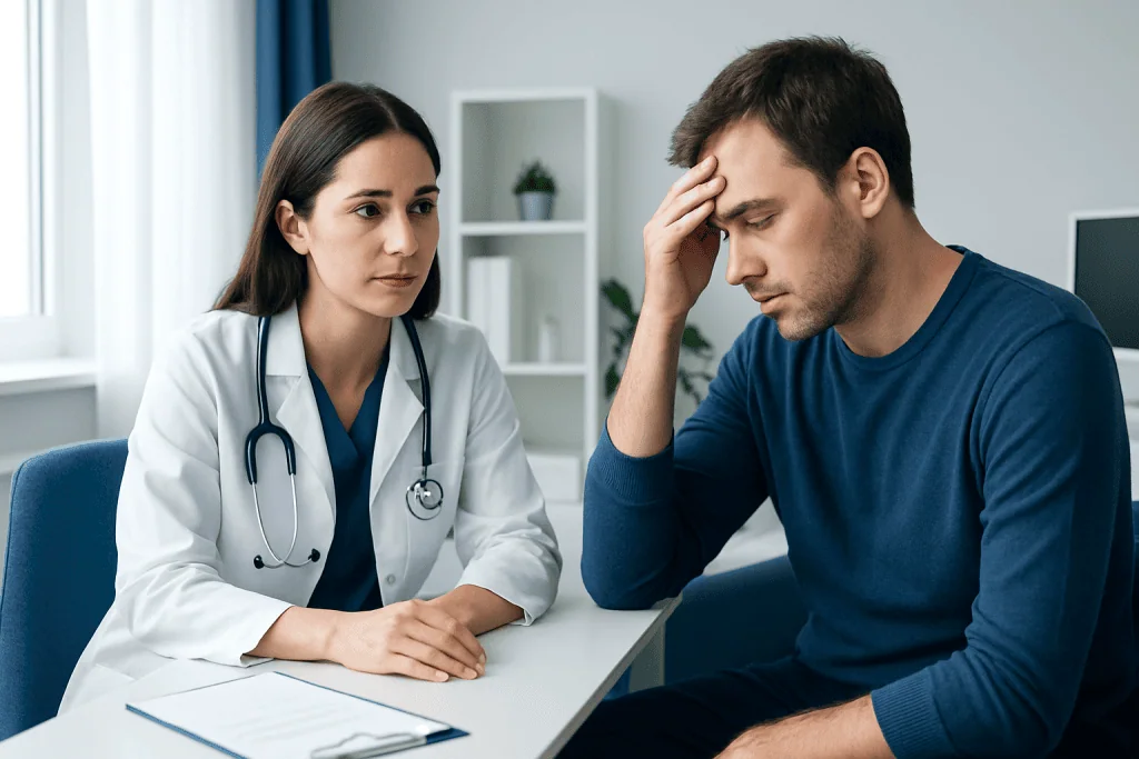 Doctor consulting with a patient experiencing headache or stress.