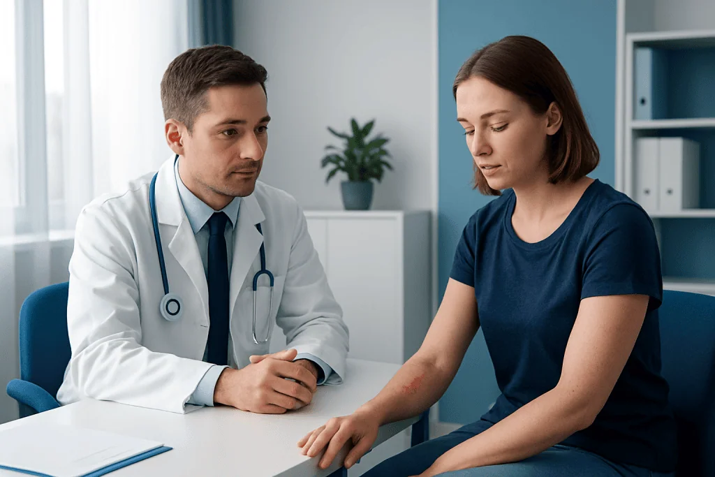 Doctor consulting with a woman patient about a skin issue in a medical office.