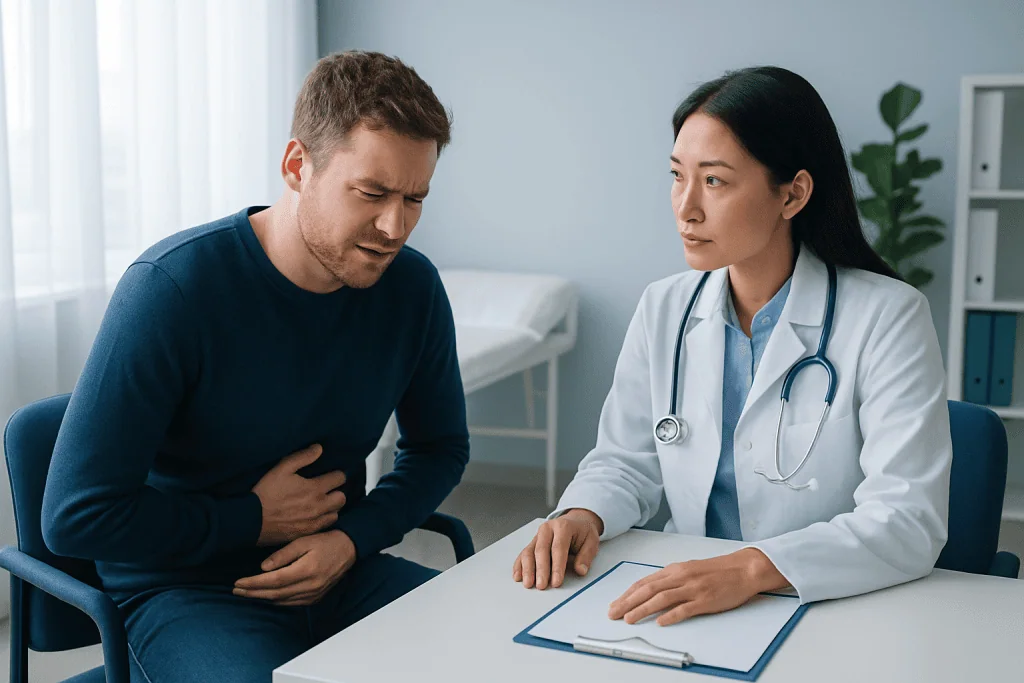 Doctor examines patient with stomach pain in a clinical setting.