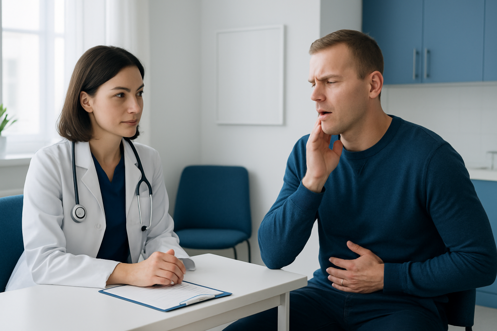 Doctor consulting with patient about stomach pain in clinic setting.