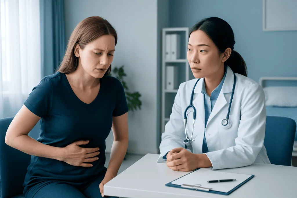 Doctor consulting with a woman patient about stomach pain.