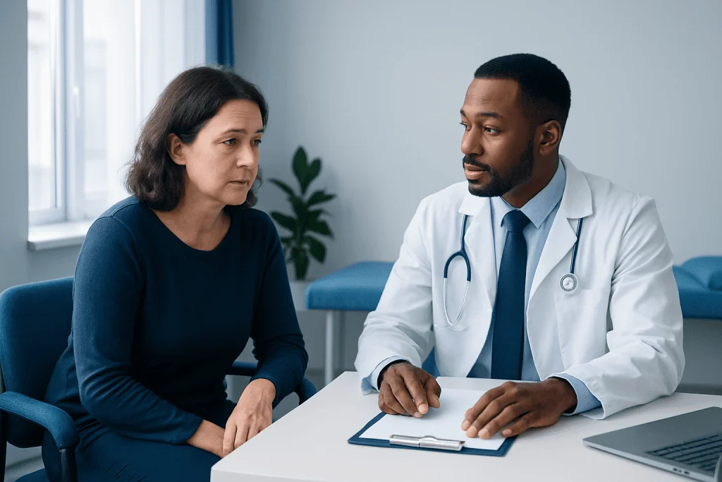Doctor consulting with a female patient in a medical office setting.