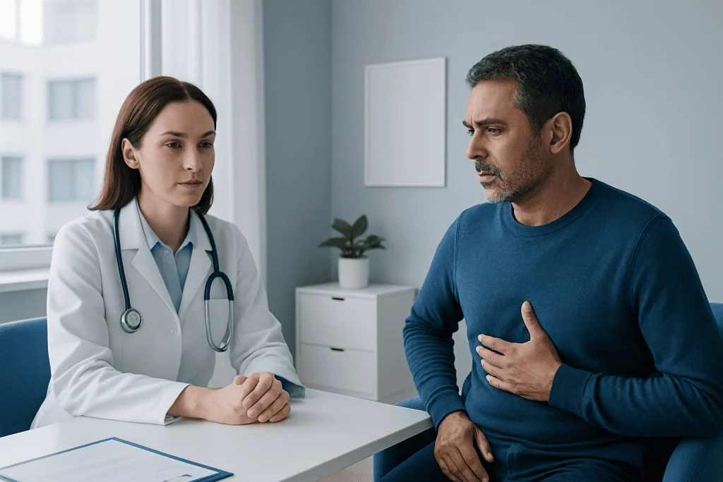 Doctor consulting with a patient about heartburn symptoms in a clinic.