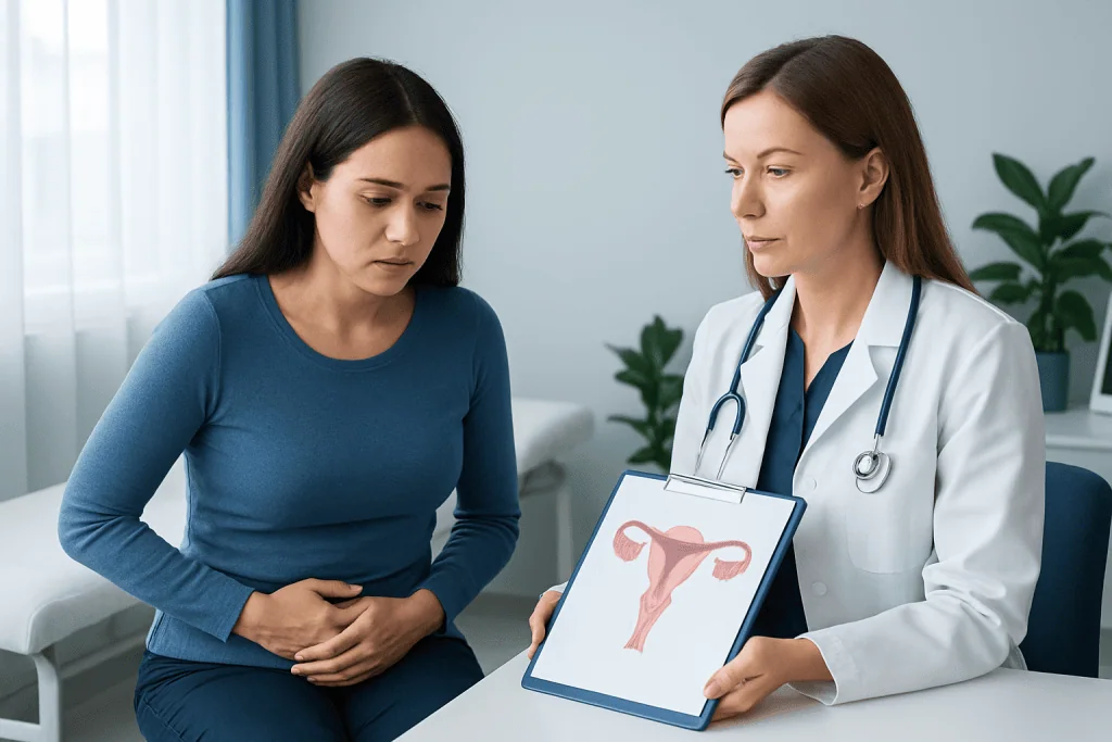 Doctor explaining uterine health to patient with uterus diagram.