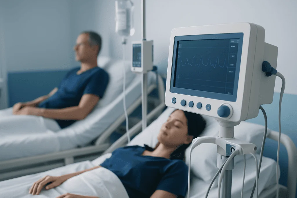 Patient monitored with medical equipment in a hospital room.