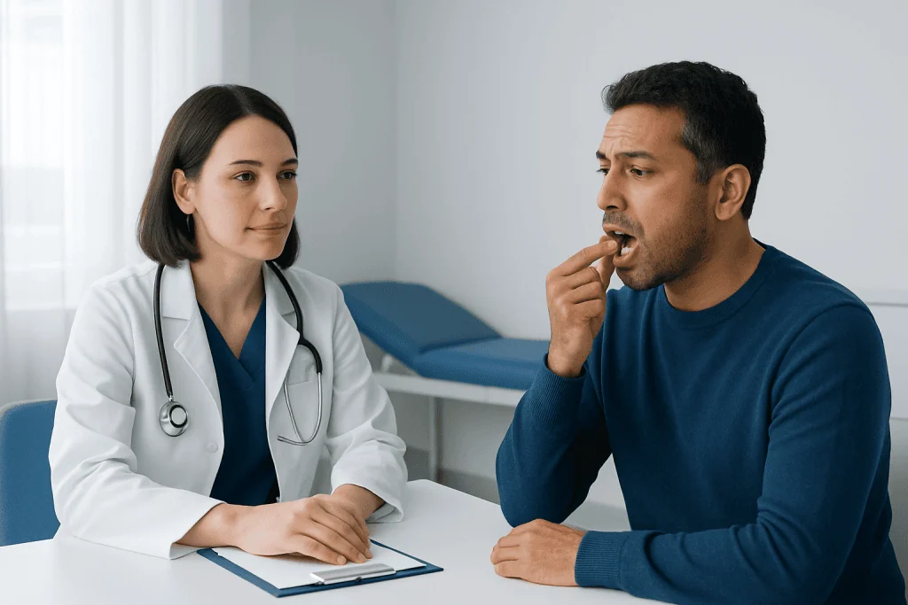 Doctor examining patient's mouth for oral health issues.