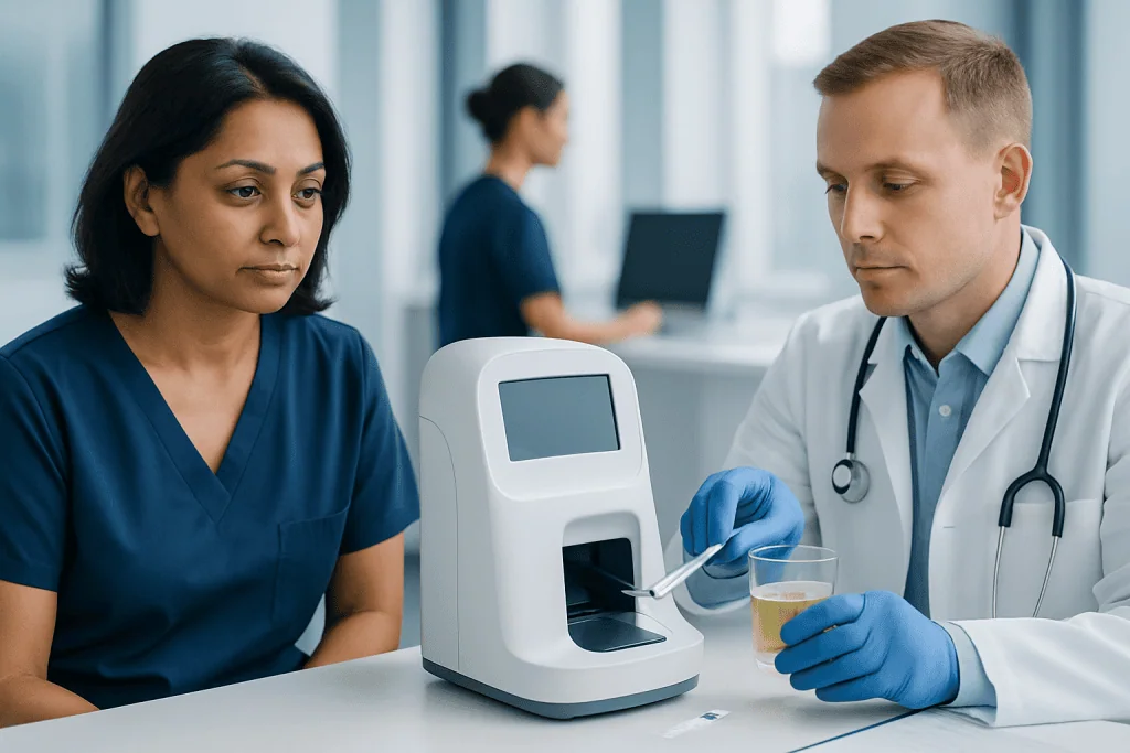 Doctor testing urine sample with medical device in clinic setting.