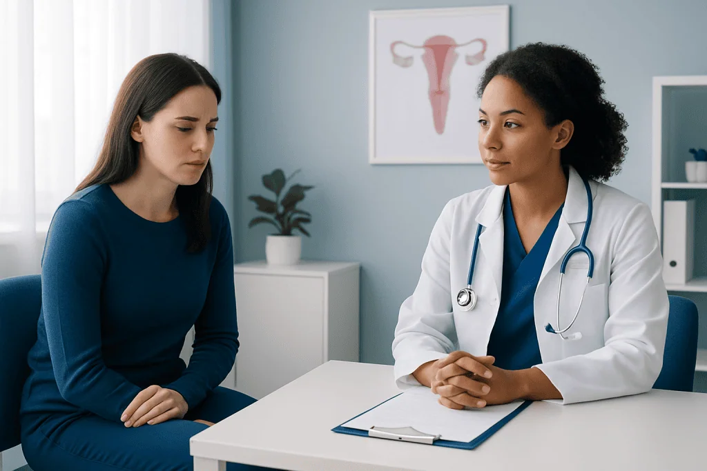 Doctor consulting with patient about uterine health in a medical office.