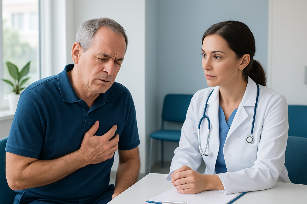 Patient experiencing chest pain during consultation at Acibadem Hospital.