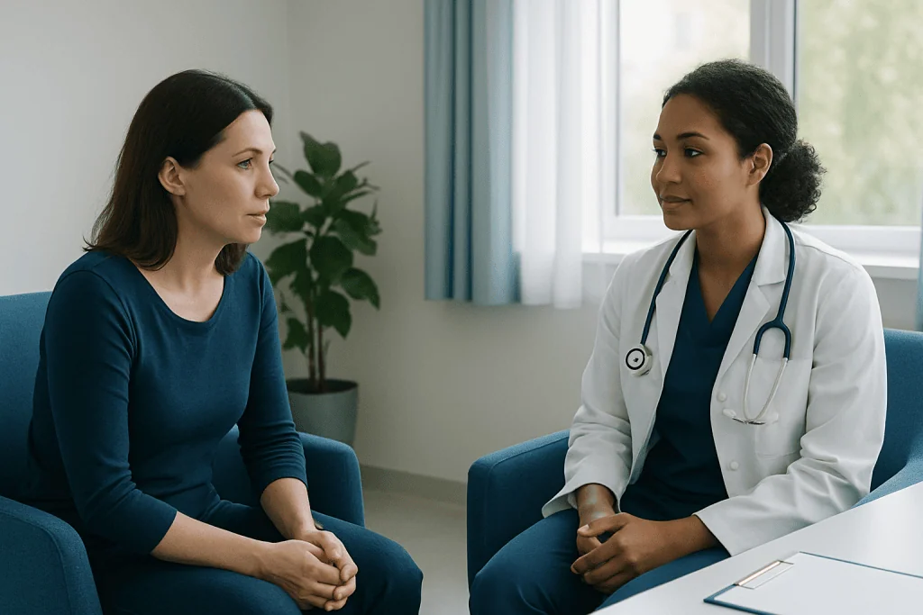Doctor and patient having a consultation in a medical office.