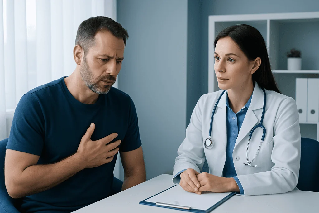 Doctor consulting male patient about health concerns in a clinic setting.