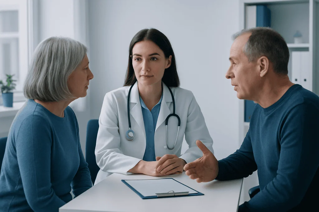 Doctor consulting with elderly couple in a medical office.