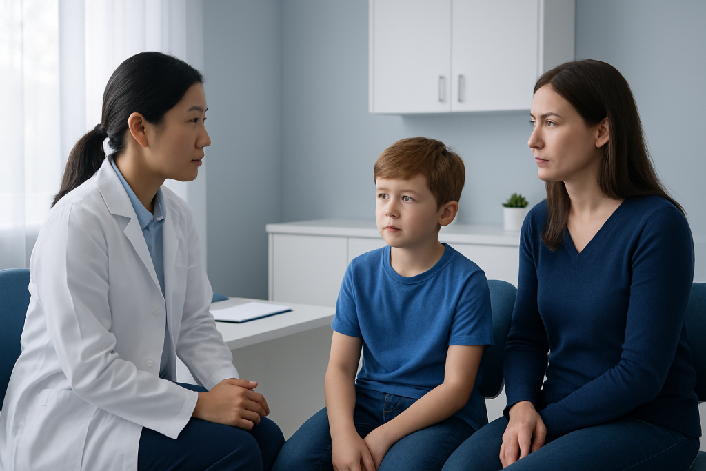 Doctor consulting with mother and child in a medical office.