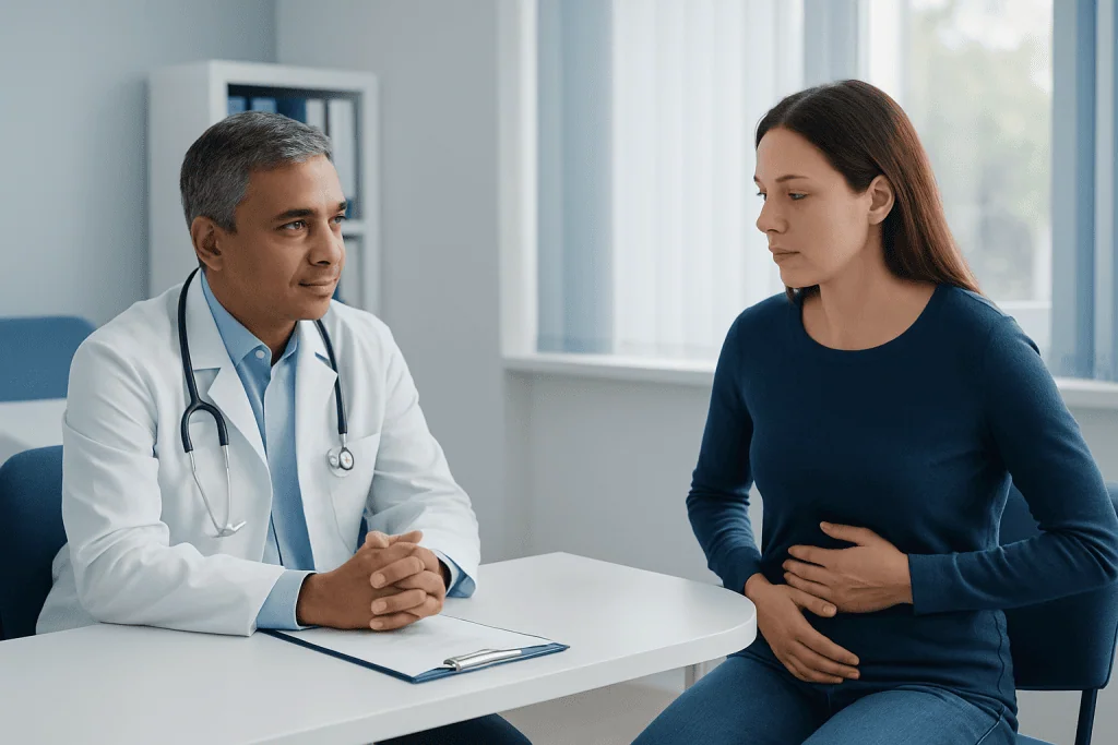 Doctor consulting with a woman patient in a medical office.