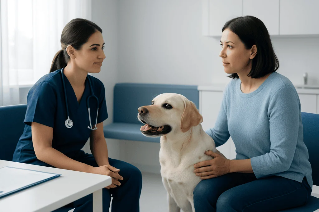 Veterinarian consulting with dog owner and Labrador in clinic setting.