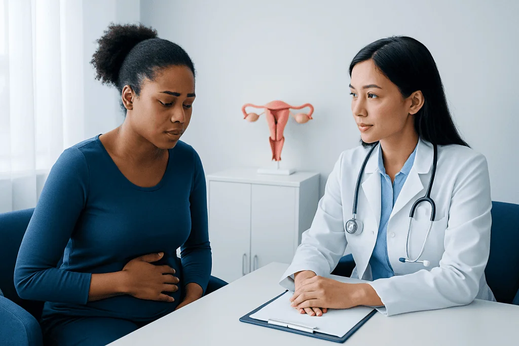 Doctor consulting with patient about pelvic health in a medical office.