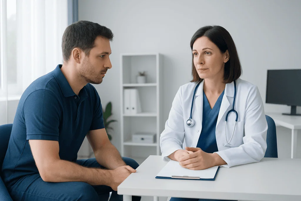 Doctor consulting with a male patient in a modern medical office.
