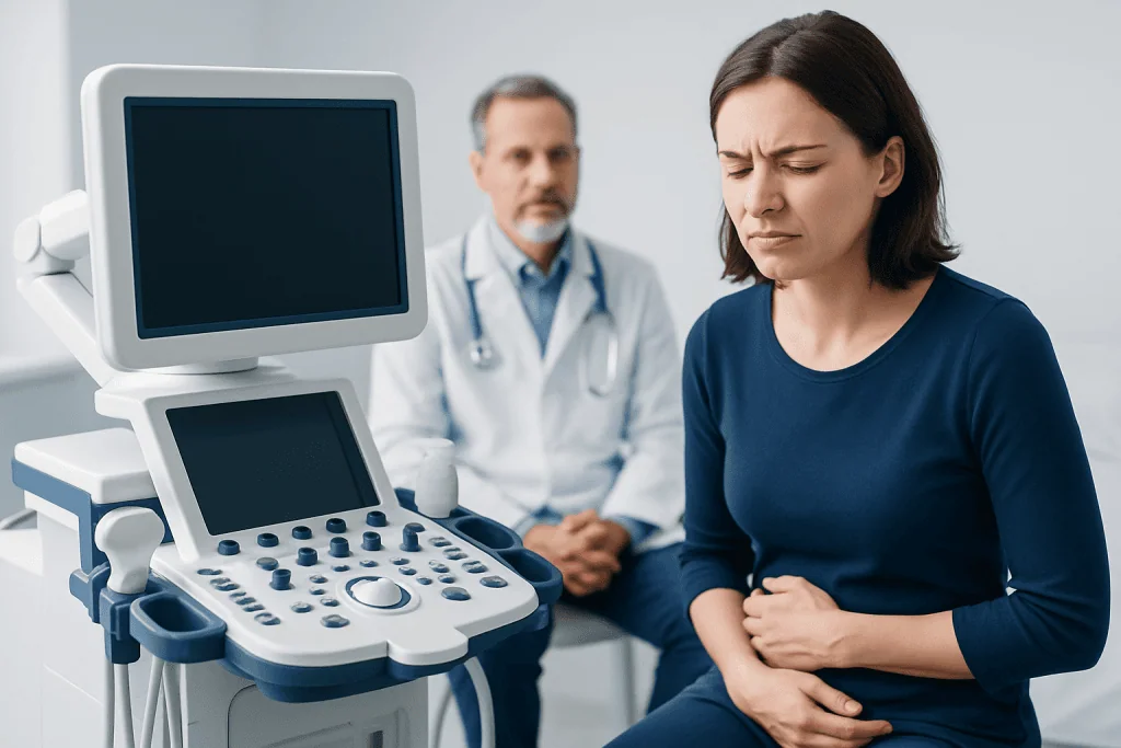 Woman experiencing abdominal pain during medical examination at Acibadem Hospital.