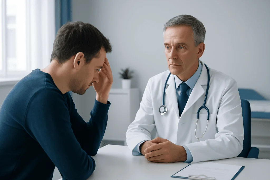 Patient distressed during consultation with doctor at Acibadem Hospital.