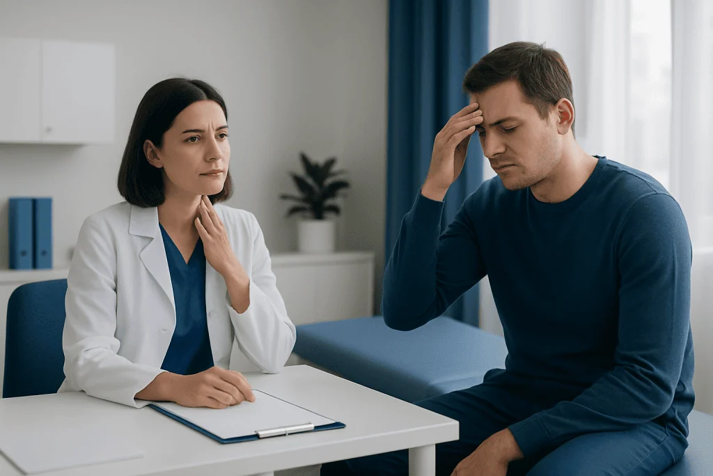Patient consulting with doctor about health concerns in a medical office.
