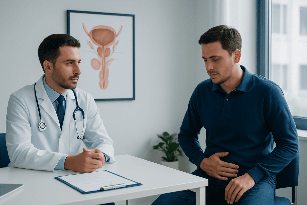 Urologist consulting patient about vesicle health in clinic.
