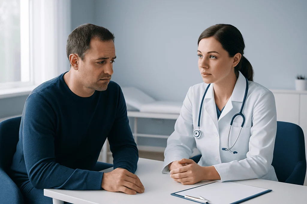 Doctor consulting with male patient in a medical office.