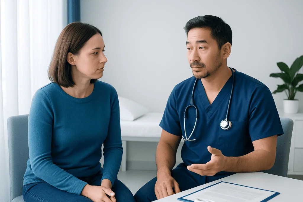 Doctor explaining health information to a female patient in a clinic setting.