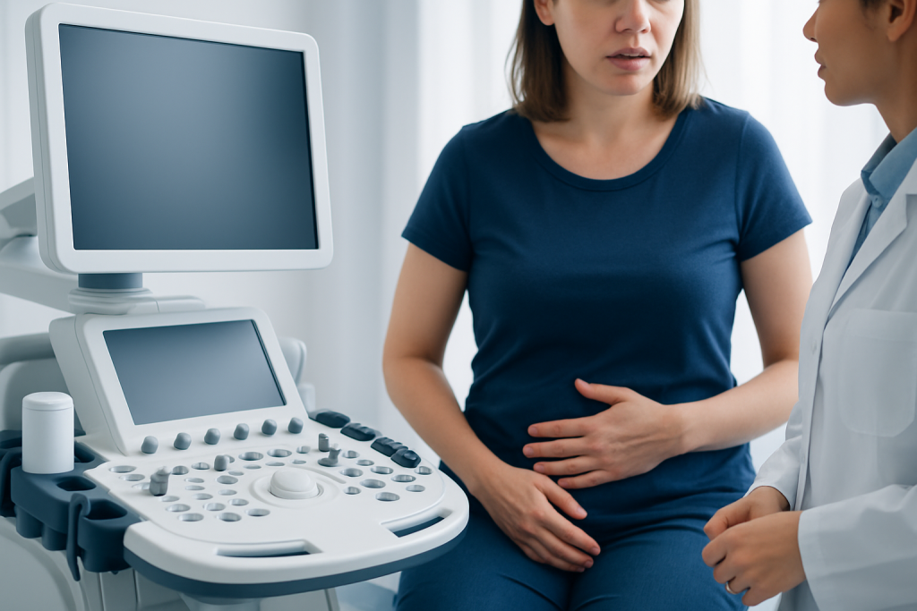 Doctor explaining ultrasound results to a patient in a medical clinic.