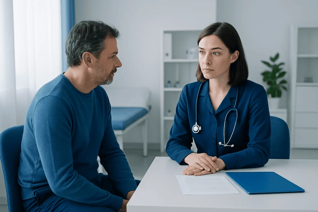 Doctor consulting with a male patient in a modern hospital room.