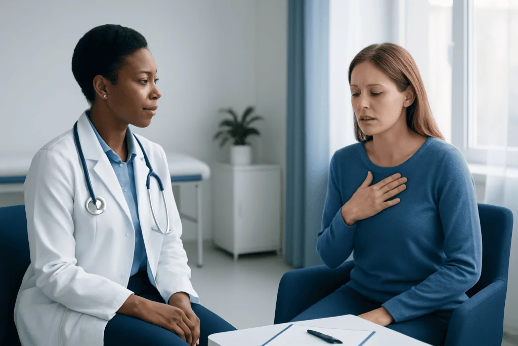 Doctor consulting a patient with chest discomfort in a medical office.