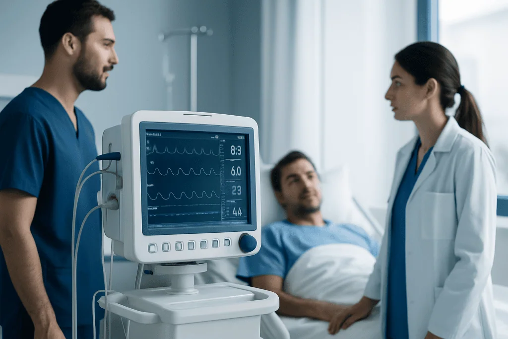 Medical team monitoring patient with vital signs in hospital room.