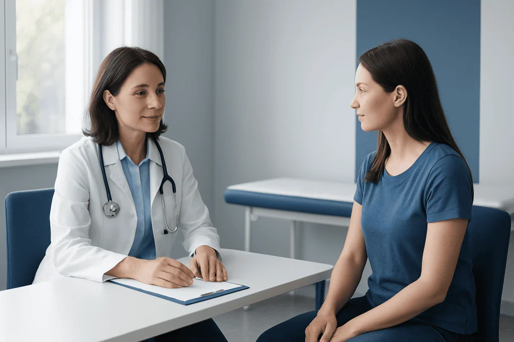 Doctor consulting with patient in a modern hospital room.