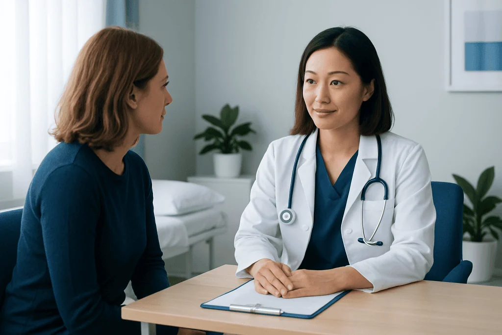 Doctor consulting with a patient in a modern hospital room.