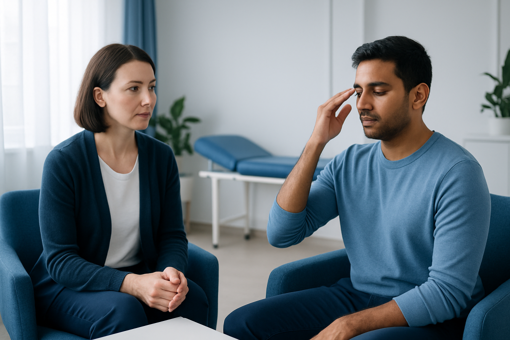 Patient experiencing headache during a therapy session at Acibadem Hospital.