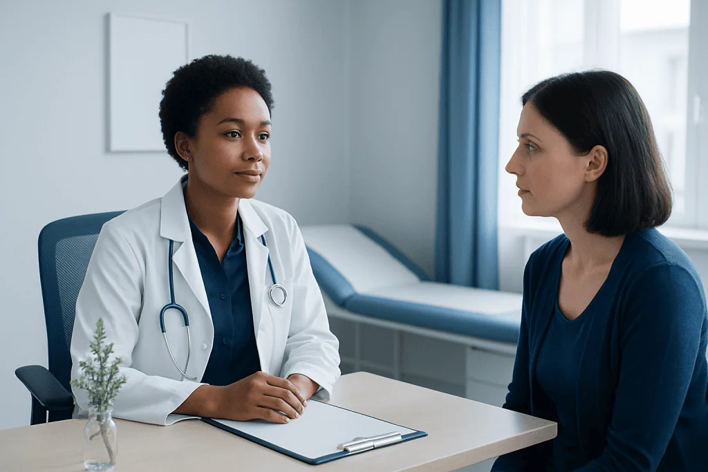 Doctor consulting with a patient in a modern hospital room.