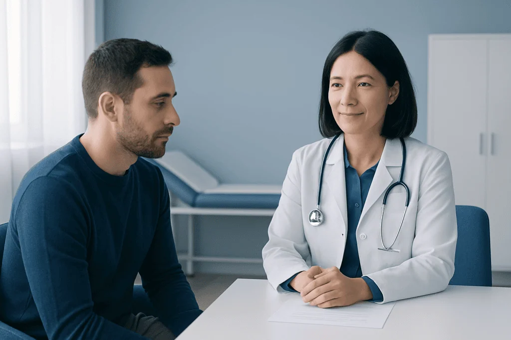 Doctor consulting with a patient in a medical office setting.