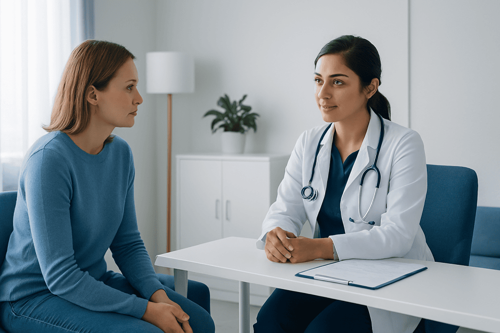 Doctor consulting with a patient in a modern medical office.