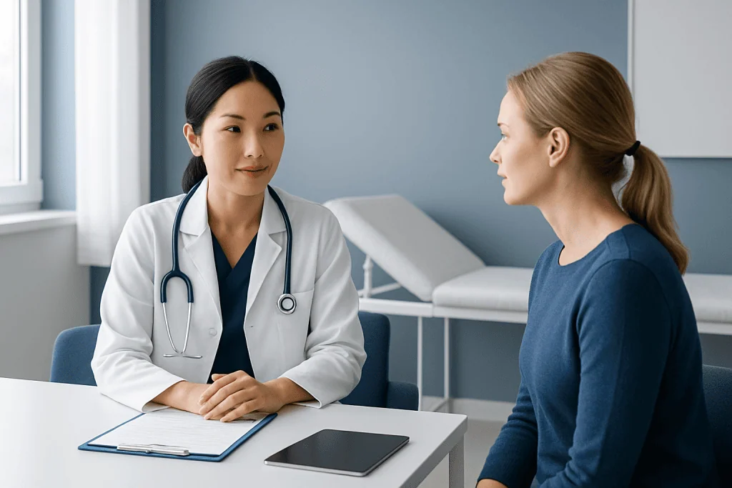 Doctor consulting with a patient in a modern hospital room.
