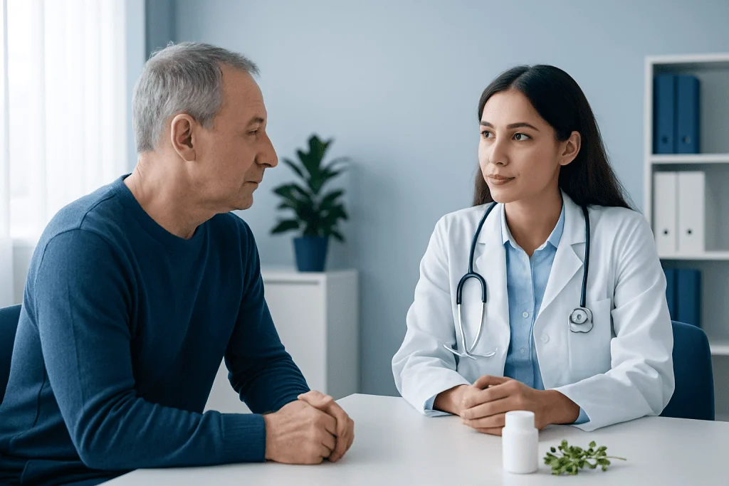 Doctor consulting with an elderly male patient in a modern clinic setting.