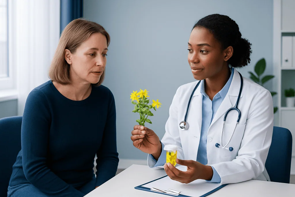Doctor explaining herbal supplement benefits to patient in consultation room.